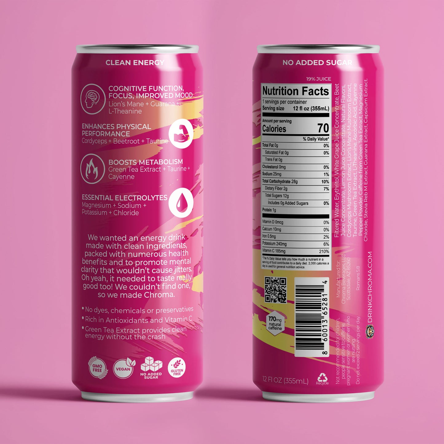 Chroma clean energy drink for focus and no crash - Spicy Prickly Pear Lemonade -Can Side and Back