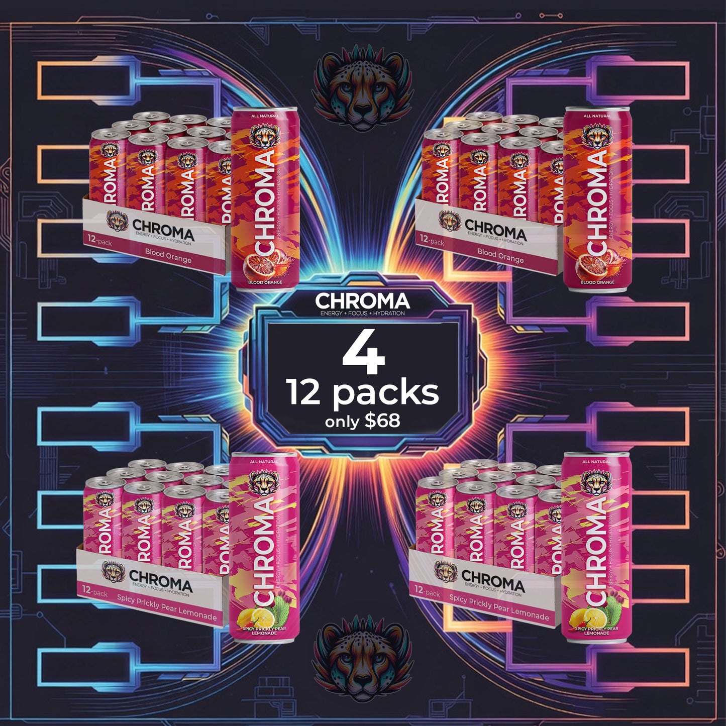 Chroma Madness Bundle - 4 12-packs only $68 - 2 Blood Orange + 2 Spicy Prickly Pear Lemonade