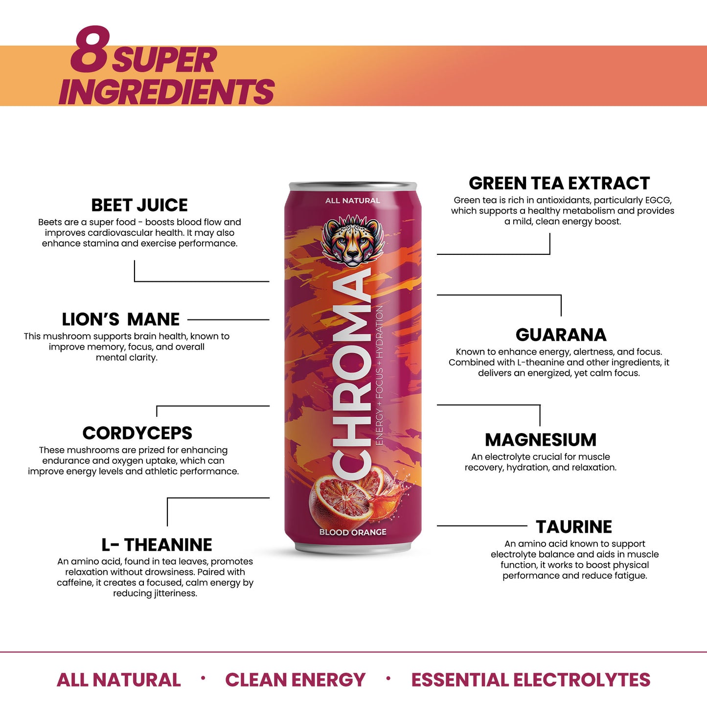 Chroma clean energy drink for focus and no crash 8 super ingredients blood orange