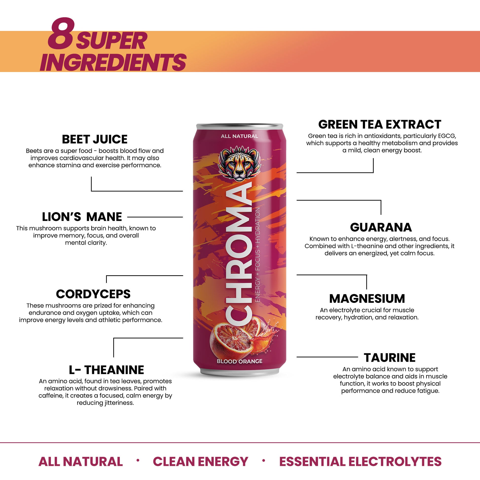 Chroma clean energy drink for focus and no crash 8 super ingredients blood orange