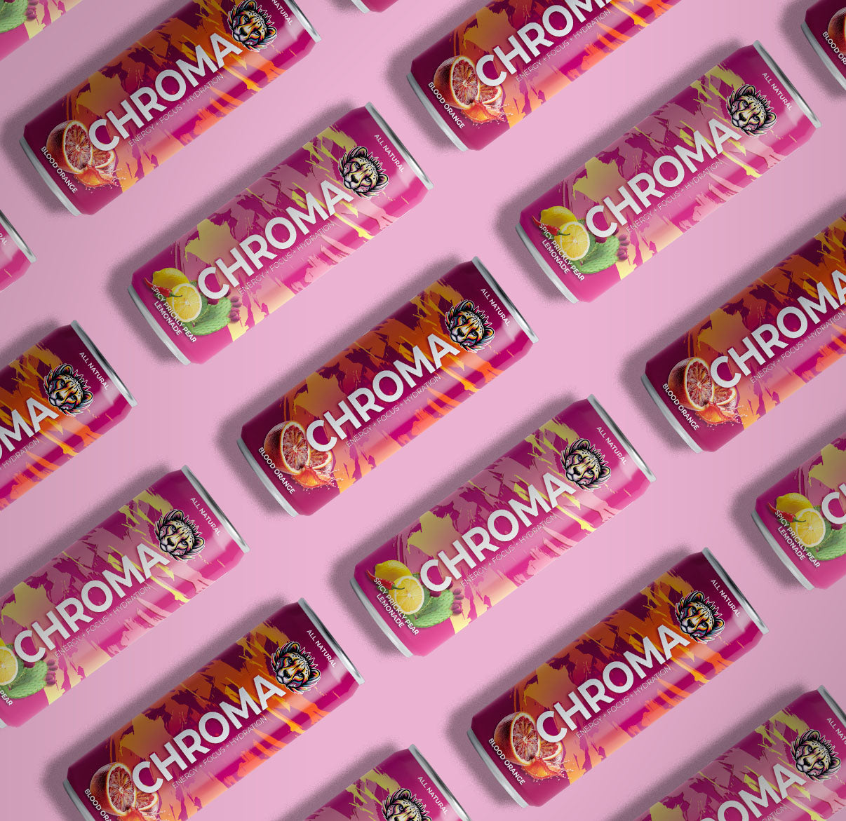 all flavor of chroma cans on pink background